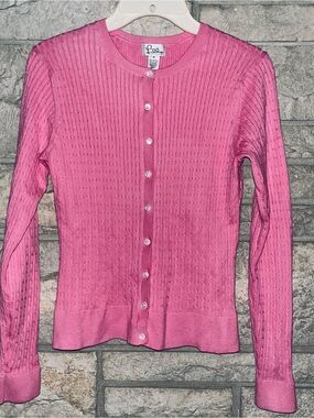 Lilly Pulitzer Pink Lil Cable Knit Cardigan Sweater Button Up EUC Lightweight SM